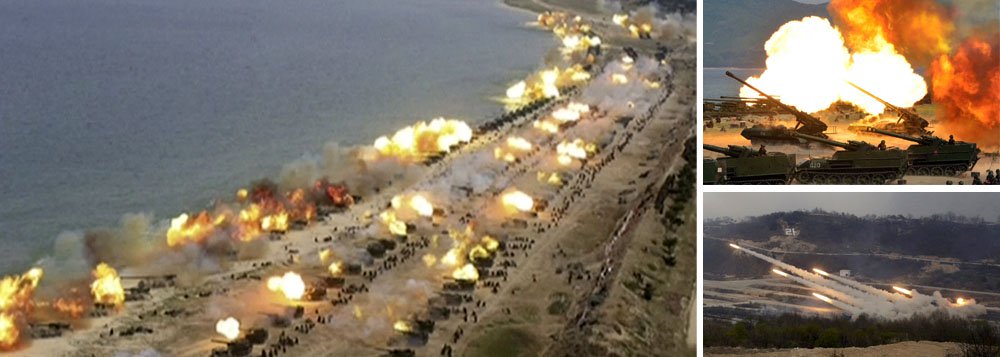 Coreia do Norte classificou os exercícios, que envolveram os três ramos das Forças Armadas, como "os maiores na história"; segundo a Agência Central de Notícias da Coreia, os treinamentos contaram com cerca de 300 peças de artilharia de longo alcance, submarinos e aviação; chefe de Estado, Kim Jong-un, afirmou que o país "mostrou qual é nossa força militar para castigar impiedosamente os inimigos"; exercícios se focaram nos alvos marítimos, dado que um grupo naval norte-americano, liderado pelo porta-aviões USS Carl Vinson, está se aproximando da península Coreana e efetuando manobras conjuntas com as forças japonesas e sul-coreanas