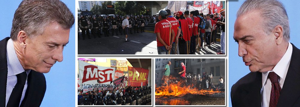 Praticamente todo o setor de transportes – terrestre e aéreo – escolas, comércio e até coleta de lixo pararam nesta quinta-feira 6 em Buenos Aires e em outras grandes cidades argentinas, em uma greve convocada pelos dois principais sindicatos do país; trabalhadores pressionam o governo Mauricio Macri por medidas mais efetivas contra os 40% de inflação, o desemprego e a pobreza, além de aumentos salariais; "Hoje tem greve geral na Argentina contra Macri. Dia 28 será a nossa vez!", resumiu Guilherme Boulos, líder da Frente Povo Sem Medo, um dos articuladores da greve geral que deve paralisar o País contra as reformas da Previdência, trabalhista e a terceirização irrestrita; como Temer, Macri ou ignora ou ironiza os protestos