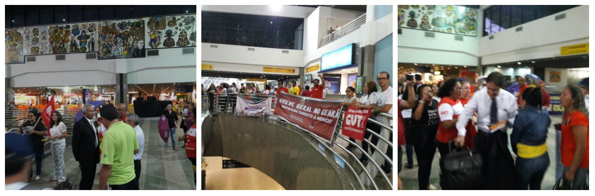 Lideranças sindicais de várias categorias participaram, na madrugada de hoje, de vigília no Aeroporto de Fortaleza. Entre 04:30h e 07:00h foram abordados 10 deputados e deputadas federais que embarcavam para Brasília. O objetivo dos manifestantes era pressionar os parlamentares a votar contra o fim da aposentadoria e dos direitos trabalhistas