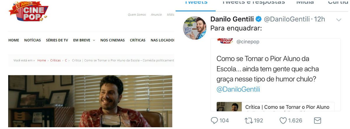 Depois do caso do jornalista da Folha, que criticou o filme de Danilo Gentili e foi demitido após pressão do humorista, o site de cinema CinePOP sofre ataques de ódio por incentivo do apresentador; "O 'apresentador' não aceitou a crítica e criou uma 'temporada de caça' contra os veículos que não elogiaram sua 'comédia', e mandou seus 15 milhões de seguidores deles nos 'enquadrarem' - entre outros sites e jornais", diz texto publicado na página do CinePOP; os profissionais do site tiveram seus números de telefone vazados e tem recebidos até ameaças e ligações no meio da noite
