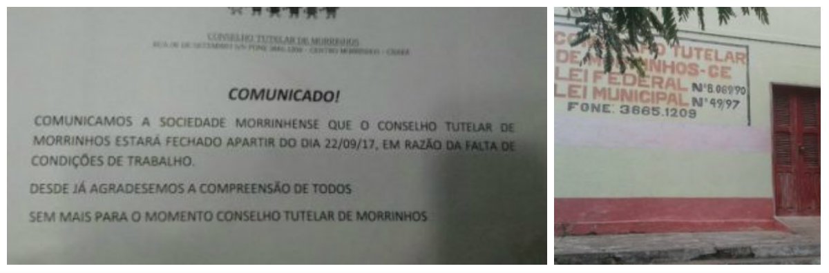 Integrantes do Conselho Tutelar do município de Morrinhos, na região Norte do Ceará, decidiram suspender as atividades da instituição desde o último dia 22. Segundo comunicado divulgado à imprensa, o Conselho Tutelar de Morrinhos tem enfrentado problemas desde o início da gestão do prefeito Carlos Bruno como o não pagamento das diárias do coletivo, corte no fornecimento do material de limpeza, da água potável para beber e de material de expediente. O fato foi denunciado ao Ministério Público e à impressa local