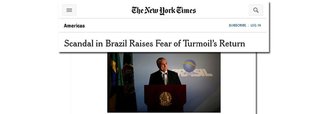 Jornal americano destacou em extensa reportagem o escândalo de corrupção que implodiu o governo de Michel Temer; "A bomba deixou claro que a agitação política e econômica no maior país da América Latina está longe de terminar", diz o NYT, lembrando que os políticos na linha de sucessão de Temer, Rodrigo Maia (DEM), presidente da Câmara, e Eunício Oliveira (PMDB), presidente do Senado, também estão envolvidos em investigações de corrupção", diz o NYT