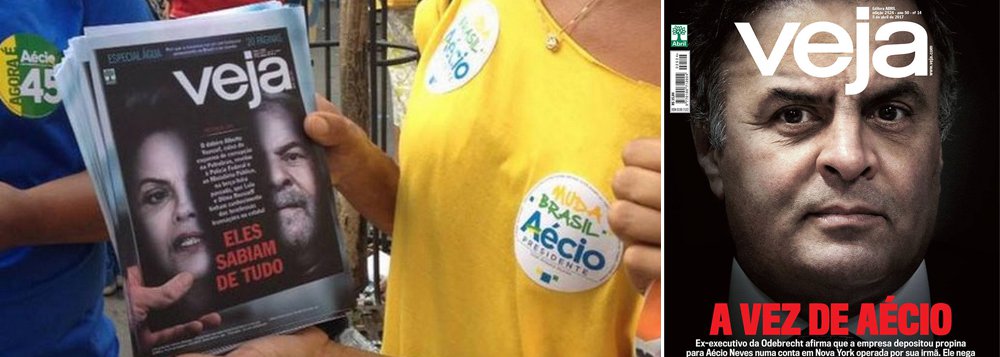 "Em outubro de 2014, na reta final da eleição em segundo turno, a campanha do então candidato a presidente Aécio Neves (PSDB) violou proibição do Tribunal Superior Eleitoral de os meios de comunicação eletrônicos e o PSDB divulgarem edição da revista Veja que trazia na capa acusação sem provas contra Lula e Dilma Rousseff", lembra Eduardo Guimarães, do Blog da Cidadania; "Eis que o país começa a perceber que o PT não estava mais no poder e que só os petistas eram investigados, e começa a clamar por equanimidade nas investigações. Tudo isso culmina na outrora impensável capa da revista Veja desta semana, que, como jamais ocorrera antes, acusa aquele que tanto se valeu de seus ataques ao PT", completa Guimarães