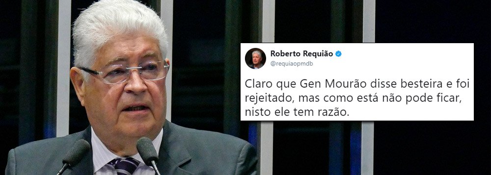 O senador Roberto Requião (PMDB-PR) escreveu em seu Twitter que "apesar do comentário infeliz, o General Mourão está certo em dizer que o país não pode continuar como está"; o tweet é uma resposta ao comentário do general Antônio Mourão, em palestra promovida pela maçonaria em Brasília na sexta-feira (15) de que uma "intervenção militar" poderá ser adotada se o Judiciário "não solucionar o problema político" e que "o país não pode continuar como está