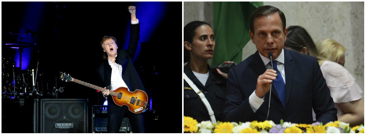 No dia em que o beatle se apresenta mais uma vez na capital paulista, o colunista da Folha José Simão (PSDB) faz piada ao comparar sua presença com a do prefeito João Doria, que tem passado mais tempo de seu mandato viajando do que cuidando dos problemas da cidade