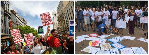 Milhares de cientistas e outras pessoas se apresentaram em Washington e Nova York neste sábado para os eventos do Dia da Terra, uma "celebração" para combater o crescente desprezo pela ciência; os atos foram efetivamente protestos contra cortes propostos pelo presidente Donald Trump em orçamentos federais de ciência e pesquisa e o ceticismo de sua administração sobre mudanças climáticas e a necessidade de retardar o aquecimento global; ato aconteceu em diversos países, entre eles o Brasil, onde mais de 20 cidades convocaram a marcha; confira vídeo do protesto realizado em BH, publicado pela Mídia Ninja
