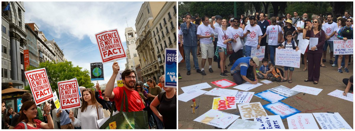 Milhares de cientistas e outras pessoas se apresentaram em Washington e Nova York neste sábado para os eventos do Dia da Terra, uma "celebração" para combater o crescente desprezo pela ciência; os atos foram efetivamente protestos contra cortes propostos pelo presidente Donald Trump em orçamentos federais de ciência e pesquisa e o ceticismo de sua administração sobre mudanças climáticas e a necessidade de retardar o aquecimento global; ato aconteceu em diversos países, entre eles o Brasil, onde mais de 20 cidades convocaram a marcha; confira vídeo do protesto realizado em BH, publicado pela Mídia Ninja