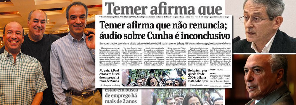 O empresário Otávio Frias Filho, dono da Folha, tentou salvar Michel Temer, comprando uma perícia para questionar os áudios que devem derrubar o atual governo, e acabou desmoralizado; reportagem que acaba de ser publicada pelo jornal O Globo, dos irmãos Marinho, revela que o perito Ricardo Caires dos Santos fez um trabalho precário, com equipamentos amadores, e não tem vínculos com o Tribunal de Justiça de São Paulo, ao contrário do que diz a Folha; Caires é também figura frequente em programas sensacionalistas e de celebridades e recuou quando foi questionado pelo Globo; "Esse trabalho tem como intuito que outro profissional faça a perícia", afirmou; coluna deste domingo da ombudsman da Folha revela que leitores do jornal ficaram indignados com a tentativa de Otávio Frias de salvar Temer