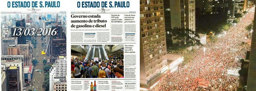 Quando noticiou os protestos de 13 de março do ano passado, em que milhares de pessoas vestidas de verde e amarelo lotaram a avenida Paulista para protestar contra a corrupção e pela saída da presidente Dilma Rousseff, o Estado de S. Paulo usou sua primeira página inteira para retratar a cena; um ano depois, quando a Paulista foi novamente ocupada, desta vez por milhares de brasileiros em sua maioria vestidos de vermelho, mostrando sua rejeição à perversa reforma da Previdência de Michel Temer, o jornal da família Mesquita fingiu que não viu a multidão e, pior, preferiu abordar o assunto como um problema de trânsito