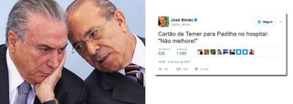 colunista José Simão ironizou nesta terça-feira, 7, o abacaxi que se tornou para Michel Temer o seu braço-direito e "preposto", Eliseu Padilha, ministro da Casa Civil; poelo Twitter, Simão afirmou: "Cartão de Temer para Padilha no hospital: 'Não melhore!'"