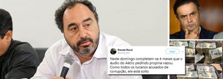 "Neste domingo completam-se 4 meses que o áudio do Aécio pedindo propina vazou. Como todos os tucanos acusados de corrupção, ele está solto", postou o jornalista Renato Rovai, editor da revista Fórum, em seu Twitter