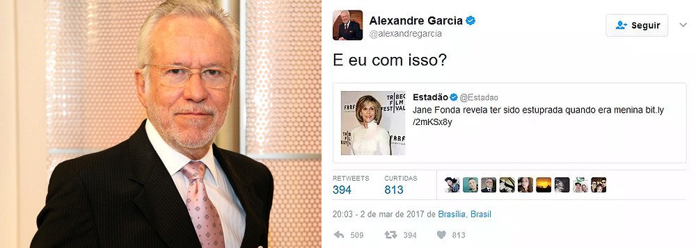 Após o jornalista Alexandre Garcia dizer no Twitter "E eu com isso?" por conta da revelação da atriz americana Jane Fonda, vítima de estupro quando era criança, a jornalista Nathali Macedo escreveu uma carta para seu colega de profissão publicada no DCM; "Você reúne todos os requisitos para ter muito a ver com machismo, misoginia e cultura do estupro"; Nathali disse, ainda, que Alexandre Garcia "tem a ver com isso quando trabalha para a Rede Globo, a emissora mais misógina e golpista da televisão brasileira"; "O desespero da sua emissora é tamanho que ela tem colocado em seus palcos tudo aquilo que sabemos que ela abomina: feministas, gays, lésbicas, travestis, esquerdistas, maconheiros – tudo pela audiência"