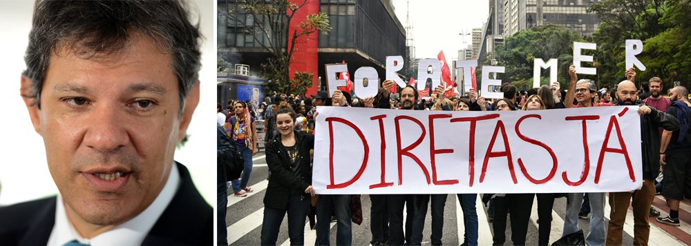 Ideia que cresce a cada dia e já é defendida até por parte do PSDB, partido que ajudou a derrubar uma presidente honesta para colocar no governo uma organização criminosa, o ex-prefeito de São Paulo, Fernando Haddad, é contundente em sua defesa sobre eleições diretas antecipadas: “Ouvir o povo não pode ser considerado golpe, sob qualquer argumento. Golpe contra quem? Nesse momento a pergunta é essa”; em caso de eleição direta ainda este ano, Haddad defende que o mandato seja de cinco anos