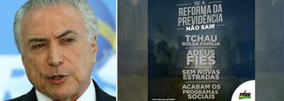 Propaganda do partido que circula nas redes sociais faz ameaça aos brasileiros: caso a reforma da previdência sugerida pelo governo Michel Temer, que deixará 70% dos brasileiros sem aposentadoria, segundo o Dieese, não seja aprovada no Congresso, será o fim de programas como Bolsa Família, Fies e até de novas estradas; "Acabam os programas sociais", alerta o anúncio; texto do governo ignora, porém, que programas sociais e obras de infraestrutura estão em orçamentos distintos da aposentadoria