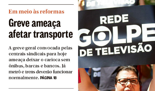 As Organizações Globo mostram mais uma vez sua blindagem ao governo de Michel Temer, aprovado por apenas 4% do brasileiros; depois de a última edição do Jornal Nacional ter ignorado completamente a greve geral, convocada contra as reformas do governo, foi a vez do braço impresso do grupo Globo mostrar a que veio; em discreta chamada na primeira página, o periódico da família Marinho reduz a questão a um mero problema de trânsito: "Greve ameaça afetar transportes" 