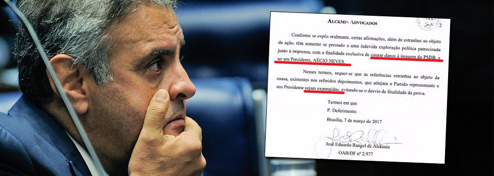 Jornalista Fernando Brito divulgou o pedido do PSDB ao ministro Herman Benjamin para "tarjar" o nome do senador Aécio Neves nos testemunhos dos delatores da Odebrecht, que informaram sobre pedidos e transferências de dinheiro para o candidato tucano à Presidência; advogado tucano pede que o seu nome seja 'expungido', isto é, 'apagado, eliminado, riscado' , porque teria 'a finalidade exclusiva de causar danos à imagem do PSDB e ao seu presidente, Aécio Neves; "É perfeitamente natural. Aécio já está quase 'expungido' da credibilidade pública e, nas pesquisas eleitorais, vai se expungindo progressivamente, atrás até do garrancho Jair Bolsonaro"
