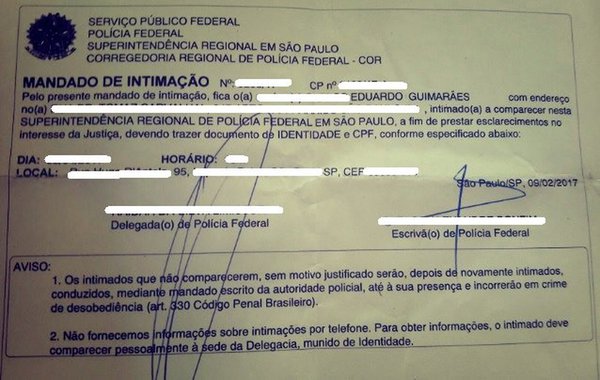 No fim de fevereiro, cerca de uma semana antes do Carnaval, o blogueiro paulistano Eduardo Guimarães recebeu uma intimação da Polícia Federal em sua residência para que compareça perante um delegado para “prestar esclarecimentos no interesse da Justiça”