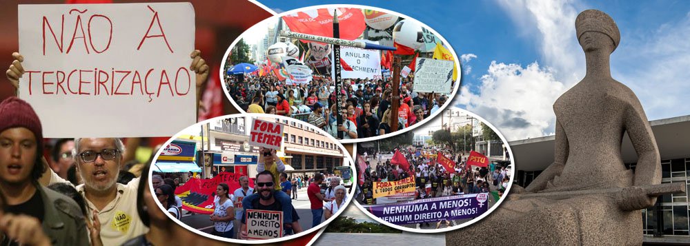 "Terceirizar irrestritamente, subcontratar, transformar o trabalhador em pessoa jurídica ("pejotização"), empresa contratante ter apenas responsabilidade subsidiária e não solidária com o trabalhador terceirizado, aplicar ao serviço doméstico, tudo isso cria um ambiente para a precarização das relações de trabalho e empobrecimento da população", diz a senadora Gleisi Hoffmann (PT-PR) sobre a lei da terceirização irrestrita sancionada por Michel Temer; "Não ficaremos quietos. O Brasil precisa de investimentos, de geração de empregos, de segurança jurídica no mundo do trabalho e da produção para superar a atual crise. Vamos lutar por isso no judiciário, no parlamento, mas principalmente nas ruas de nosso país! #NenhumDireitoaMenos!", avisa Gleisi