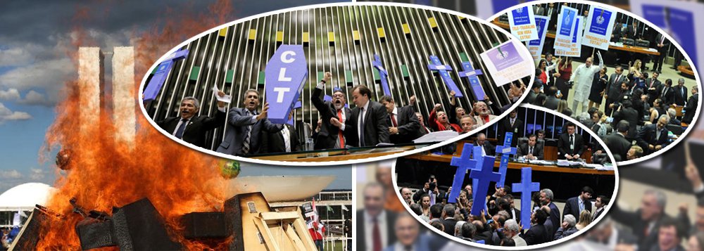 Deputados de oposição entraram com caixões e grandes cruzes no plenário do Senado na noite desta quarta-feira 26 para protestar contra a reforma Trabalhista proposta pelo governo Temer, a fim de denunciar a morte da CLT; do lado de fora, trabalhadores também colocaram fogo em caixões; os parlamentares seguraram ainda grandes placas com a imagem da CLT rasgada; o plenário da Câmara rejeitou, por 270 votos a 64, o requerimento de retirada de pauta do projeto de lei; segundo o relatório do deputado Rogerio Marinho (PSDB-RN), o acordo coletivo prevalecerá sobre a lei e o sindicato não mais precisará auxiliar o trabalhador na rescisão trabalhista, abrindo o caminho para qualquer retirada de direitos