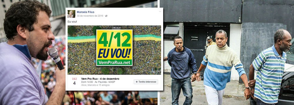Líder do MTST denuncia que a juíza do Tribunal de Justiça de São Paulo Marcela Filus, que determinou a prisão de três ativistas do movimento que participavam da greve geral de sexta-feira 28, é "frequentadora dos atos do MBL [Movimento Brasil Livre] e Vem Pra Rua"; em uma postagem no Facebook, a juíza confirma sua participação em um ato no dia 4 de dezembro de 2016, que foi organizado pelo MBL; os três manifestantes foram transferidos nesta terça-feira 2 para o Centro de Detenção Provisória Vila Independência, na Vila Prudente