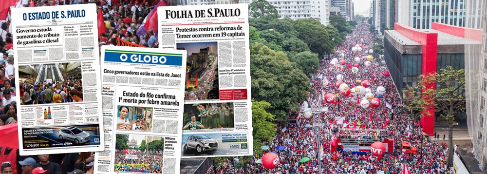 Depois de esconder que 300 mil pessoas foram protestar na Praça da Sé por eleições diretas em 1984, a imprensa minimizou – ou escondeu completamente – as manifestações que levaram 1 milhão de pessoas às ruas ontem contra as reformas do governo e pelo Fora Temer; assim como apenas a Folha de S.Paulo noticiou as diretas na época, foi o único jornal nesta quinta-feira 16 a destacar o protesto que levou 250 mil à Avenida Paulista; jornal O Globo minimizou a paralisação que ocorreu em quase todos os Estados e envolveu categorias importantes, como transportes, bancários e professores; já o Estado de S.Paulo transformou a manifestação e greve dos brasileiros em um problema de trânsito