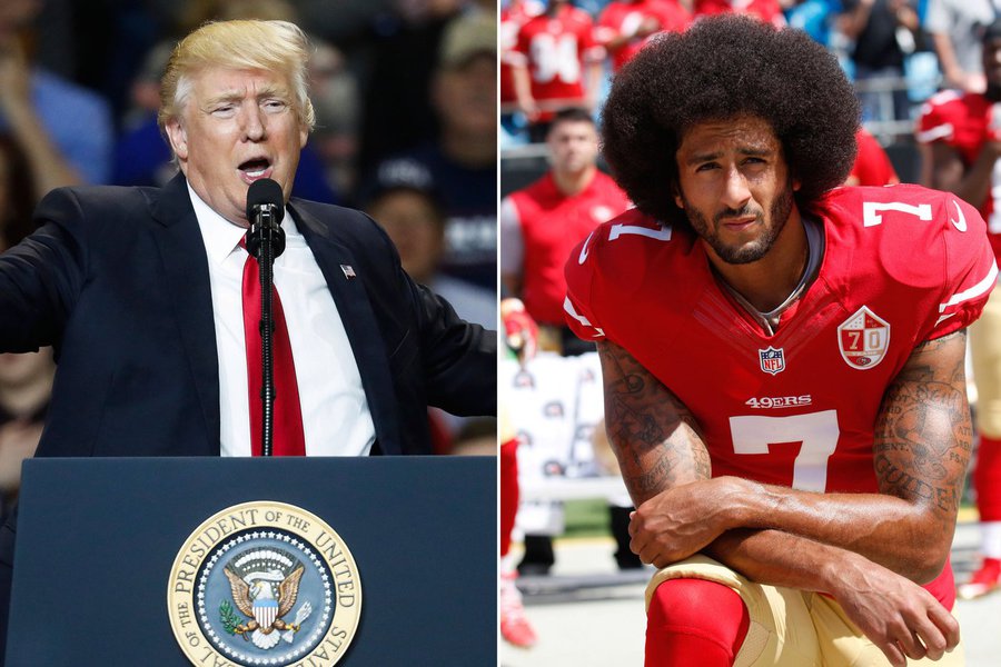 A metralhadora de críticas de Donald Trump agora se voltou contra os jogadores da NFL, a liga de futebol americano dos EUA: o presidente dos EUA sugeriu que as franquias que protestem contra o racismo se recusando a ficar de pé durante a execução do hino dos EUA antes das partidas; "O o dono de franquia que fizer isso será a pessoa mais popular no nosso país", disse Trump; o comissário da NFL, Roger Goodell, respondeu Trump duramente: "Comentários segregadores como esses demonstram uma infeliz falta de respeito com a liga e incapacidade de entender a força de nossos clubes e atletas nas nossas comunidades", declarou Goodell