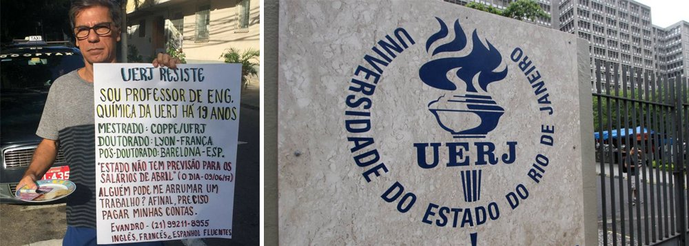 
O professor da UERJ Evandro Brum Pereira, que tem um currículo acadêmico invejável, começou a receber ofertas de emprego do exterior depois que sua foto, com um cartaz em que pedia um trabalho, começou a circular nas redes sociais; a Universidade do Estado do Rio de Janeiro passa por uma grava crise e os funcionários estão com salários atrasados; ele recusou, no entanto, as ofertas: "Eu sou professor com dedicação exclusiva da Uerj. Amo o que faço, amo dar aula. Continuo na Uerj sim. É um apelo que a gente faz: olhem com carinho nossa situação. Tentem solucionar isso o mais rápido possível. Precisamos comer", pediu
