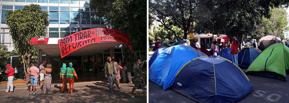 Manifestantes ligados ao Movimento dos Trabalhadores Rurais Sem Terra (MST) ocuparam o prédio do Ministério do Orçamento, Planejamento e Gestão, nesta terça-feira (17), em Brasília; segundo o MST, cerca de mil trabalhadores rurais participam da ocupação que visa denunciar o desmonte da política de reforma agrária e a falta de recursos para os pequenos agricultores; trabalhadores rurais querem "o descontingenciado do orçamento de 2017 e a recomposição do orçamento para 2018"