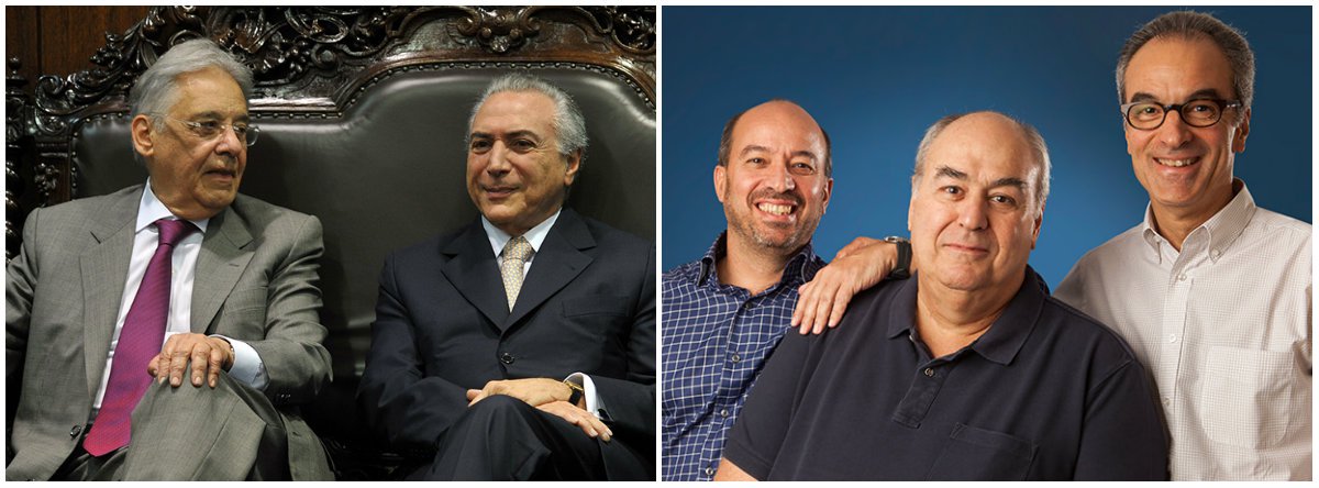 Avalista do golpe de 2016, que destruiu a imagem e a economia brasileira, o ex-presidente Fernando Henrique Cardoso pediu aos donos da Globo que salvem Michel Temer, mesmo ciente de que ele será denunciado por corrupção, organização criminosa e obstrução judicial; Temer age a mando do sistema financeiro, que pretende seguir com suas reformas rejeitadas pela ampla maioria da população; FHC teme a volta da democracia e a eleição de Lula e ignora até a informação de que Temer mandou espionar o ministro Edson Fachin, relator da Lava Jato no Supremo Tribunal Federal; informação sobre o encontro entre FHC e os donos da Globo é do jornalista Andrei Meirelles