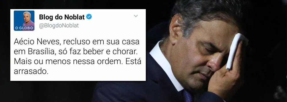 Jornalista Ricardo Noblat revela que desde que vieram à tona as gravações feitas pelo empresário Joesley Batista, do grupo JBS, nas quais aparece pedindo R$ 2 milhões em propinas para pagar os advogados que o defendem na Lava Jato, o senador afastado Aécio Neves (PSDB-MG) está cada vez mais recluso; "Aécio Neves recluso em sua casa em Brasília, só faz beber e chorar. Mais ou menos nessa ordem. Está arrasado", postou Noblat no Twitter