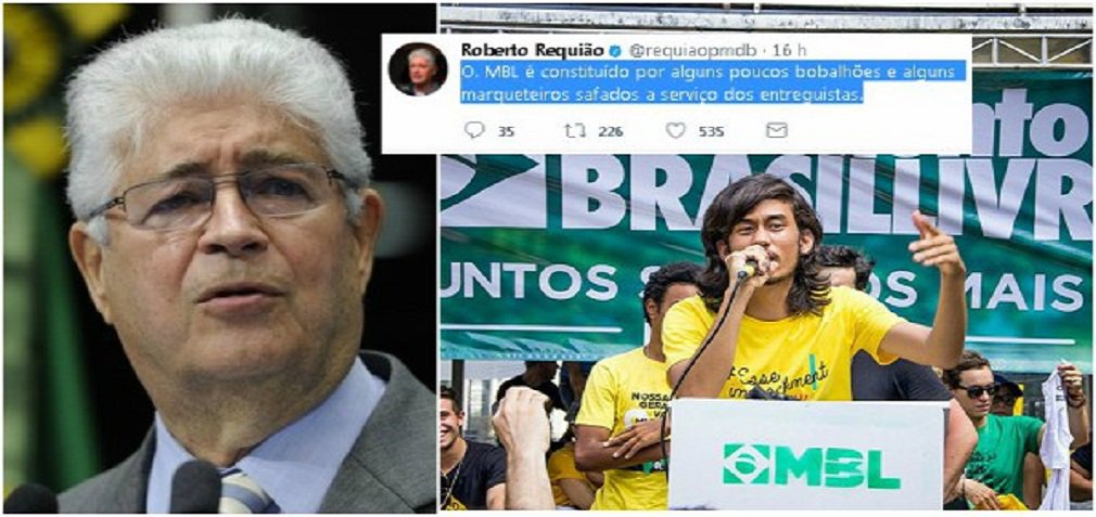 O senador Roberto Requião (PMDB-PR) classificou de “bobalhões” os integrantes do Movimento Brasil Livre (MBL); “O MBL é constituído por alguns poucos bobalhões e alguns marqueteiros safados a serviço dos entreguistas”, resumiu o parlamentar; Requião reagiu a ataque dos “meninos bobos”, do MBL, que o chamaram de “bolivariano” e que o mesmo [Requião] tinha “perdido o controle” depois do anúncio da venda da Eletrobras