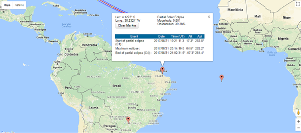 Está previsto para esta segunda-feira (21) um eclipse solar total, que ocorre quando as órbitas do sol e da lua se cruzam e o satélite passa entre o sol e a Terra. Quando a lua cobre o sol, bloqueia os raios solares e faz uma sombra na Terra. No Brasil, os moradores das regiões Norte e Nordeste poderão avistar o fenômeno entre 12h46 e 18h04, horário de Brasília. Em Fortaleza, o fenômeno poderá ser visto ao entardecer. O Colégio Militar do Corpo de Bombeiros estará realizando um "observaço" gratuito e aberto ao público, a partir das 16h. A Lua começa a cobrir o disco solar por volta das 16h20, atingindo a máxima ocultação cerca de uma hora depois. Pouco antes das 17h40, o Sol deverá se pôr ainda parcialmente eclipsado