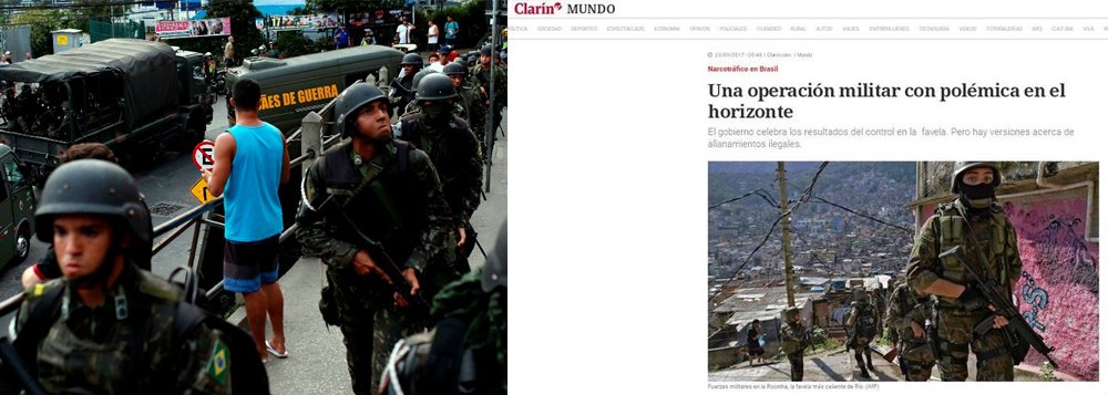 Matéria publicada pelo jornal argentino Clarín questiona a operação militar realizada na comunidade da Rocinha; de acordo com o diário os resultados até o momento não justificam a quantidade de tropas que desde sexta-feira (22) cercam a comunidade; as Forças Armadas chegaram com tanques, veículos blindados, ambulâncias e armamentos para uma guerra, ressalta Clarín