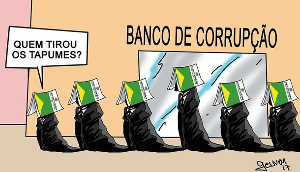 O cartunista e quadrinista tocantinense Geuvar Oliveira produziu uma charge sugerindo uma complacência do Supremo Tribunal Federal a corrupção; o STF decidiu que o Senado terá a palavra final sobre o afastamento do senador Aécio Neves (PSDB-MG), acusado de receber R$ 2 milhões em propinas da JBS, conforme apontou gravação da empresa
