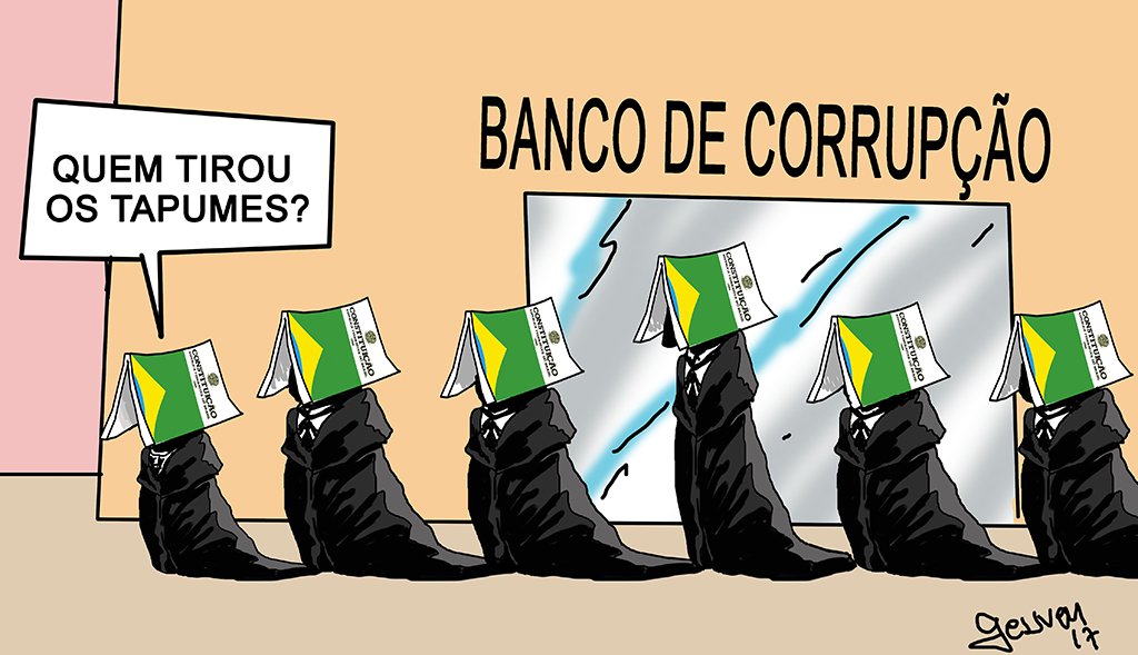 O cartunista e quadrinista tocantinense Geuvar Oliveira produziu uma charge sugerindo uma complacência do Supremo Tribunal Federal a corrupção; o STF decidiu que o Senado terá a palavra final sobre o afastamento do senador Aécio Neves (PSDB-MG), acusado de receber R$ 2 milhões em propinas da JBS, conforme apontou gravação da empresa