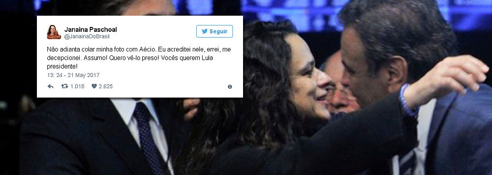 A advogada Janaina Paschoal, que foi contratada por R$ 45 mil pelo PSDB, na gestão de Aécio Neves, para formular o parecer das chamadas "pedaladas fiscais", usado para golpear a democracia brasileira e a presidente legítima Dilma Rousseff, agora diz que quer ver Aécio na cadeia; Eu acreditei nele, errei, me decepcionei. Assumo! Quero vê-lo preso!", afirmou
