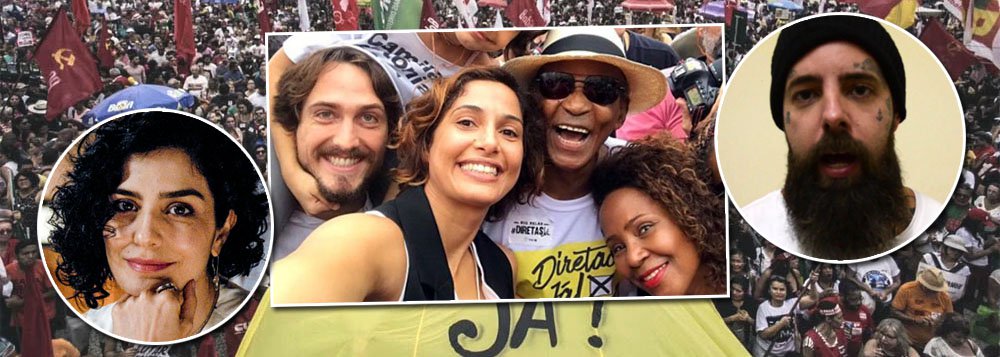 Nas redes sociais, nas ruas, teatros e shows, artistas brasileiros têm se manifestado sobre o atual momento político e defendido eleições diretas como a única saída possível para tirar o Brasil da crise em que se encontra; "A permanência de Michel Temer é insustentável", diz Camila Pitanga; "Nada de indiretas", afirma a atriz Letícia Sabatella; para o músico e ativista Tico Santa Cruz, o País está cansado de polarização; "Está na hora de a gente se unir em torno de uma pauta comum: nosso direito de votar", afirma; veja mais depoimentos de artistas pelas Diretas Já 