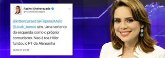 Apresentadora de TV Raquel Sheherazade usou sua conta no Twitter para falar mais uma asneira; desta vez, ela diz "Hitler fundou o PT da Alemanha"; a frase, decorrente de uma discussão, entrou rapidamente nos trend topics do dia; sobre as denúncias envolvendo Michel Temer, a presentadora preferiu o silêncio