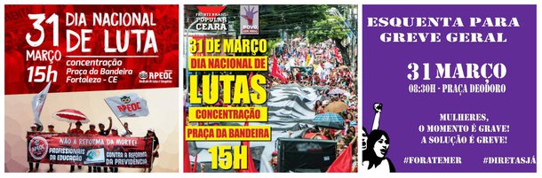 As principais centrais sindicais, em articulação com as Frentes Brasil Popular e Povo Sem Medo, estão organizando um grande ato de protesto, em Fortaleza, no dia 31 de Março - “Dia Nacional de Mobilização”. Diversos movimentos sociais estão também reforçando o ato, como o movimento de mulheres que tem tido importante atuação na luta contra o golpe e contra os retrocessos que estão sendo conduzidos pelo governo Temer. No interior do Ceará, diversos municípios também estão organizando a realização de atividades de protesto na mesma data, como parte da articulação nacional 