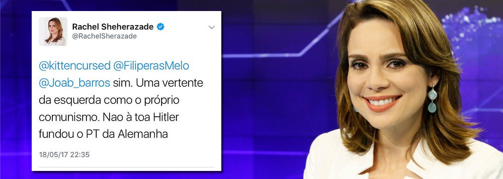 Apresentadora de TV Raquel Sheherazade usou sua conta no Twitter para falar mais uma asneira; desta vez, ela diz "Hitler fundou o PT da Alemanha"; a frase, decorrente de uma discussão, entrou rapidamente nos trend topics do dia; sobre as denúncias envolvendo Michel Temer, a presentadora preferiu o silêncio