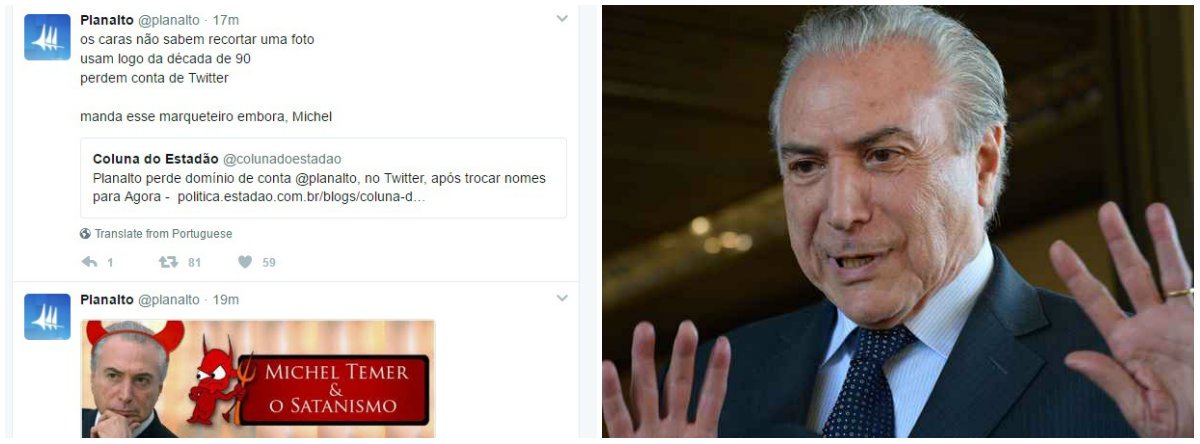 O Palácio do Planalto perdeu o domínio de sua conta oficial no Twitter (@Planalto), durante uma troca de nome, e passou a ser alvo de piadas na rede social; o usuário que passou a utilizar a conta aconselhou Michel Temer a "exonerar a pessoa que se esqueceu de registrar o perfil antigo" e a associar o peemedebista com o satanismo