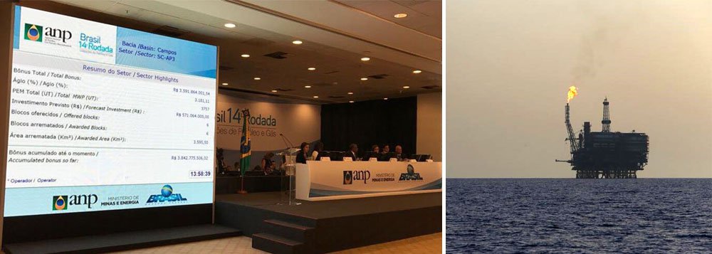 O Tribunal Regional Federal da 1ª Região cassou nesta manhã a liminar que suspendia os leilões do pré-sal marcados para esta sexta-feira, informou a corte; com a decisão favorável do TRF, o leilão, na verdade uma doação das maiores reservas de petróleo descobertas na atualidade, já foi iniciado; ao todo, 16 petroleiras estão inscritas para participar - 10 disputam a 2ª Rodada e 14 a 3ª Rodada; é a primeira vez que petroleiras privadas disputarão sozinhas leilão do pré-sal, sem o regime de Partilha; se todos os blocos forem vendidos, governo de Michel Temer arrecadará R$ 7,75 bilhões, que fará com que cada litro de petróleo seja vendido a R$ 0,01, segundo estudo da FUP; prejuízo ao País pode superar R$ 500 bilhões em arrecadação
 