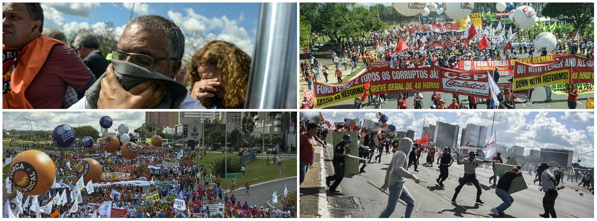 Ato que leva cerca de 150 mil pessoas a protestarem por eleições diretas, pelo Fora Temer e contra as reformas propostas pelo governo federal vem sofrendo repressão da Polícia Militar em Brasília; agentes jogaram bombas de gás lacrimogêneo e efeito moral, que atingiram inclusive parlamentares, e usaram spray de pimenta contra os manifestantes, que caminhavam pacificamente pela capital federal; caravanas de todas as regiões do País, convocadas pelas principais centrais sindicais, marcham até o Congresso Nacional para pressionar os parlamentares pela suspensão da tramitação das reformas da Previdência e Trabalhista; confira a ação violenta da PM nos vídeos 