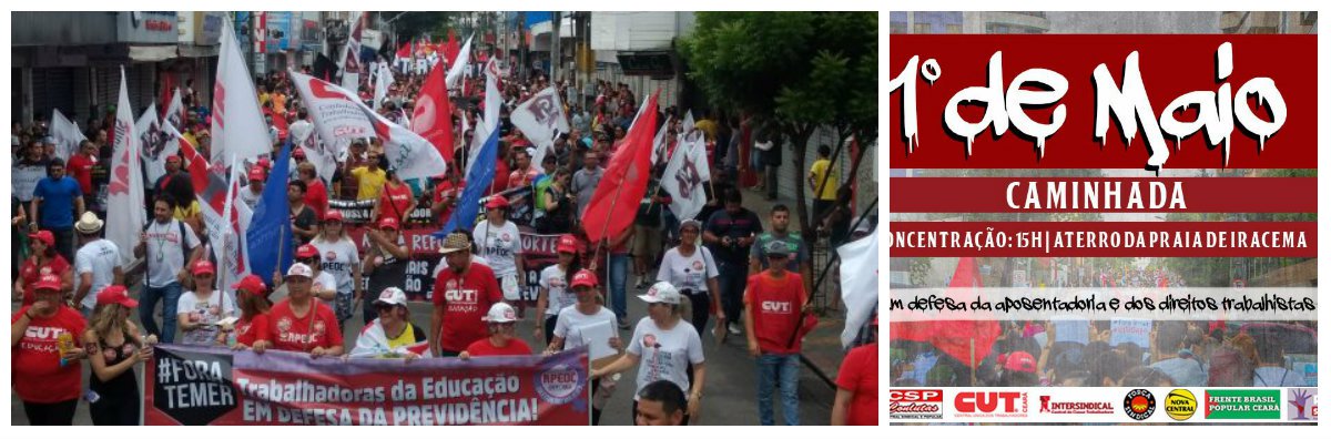 Em Fortaleza, será realizada a Conferência Estadual Sindical e Popular, no período da manhã, com a participação de diretor nacional do MST, João Pedro Stédile, o diretor da Fundação Perseu Abramo, Artur Henrique Santos e a presidenta da CUT-MG, Beatriz Cerqueira. À tarde, haverá um ato unificado das centrais sindicais CUT, CTB, CSP conlutas, Intersindical, CSB, Força Sindical, Nova Central e das Frentes Brasil Popular, Povo Sem Medo, a partir das 15h, no aterrinho da Praia de Iracema