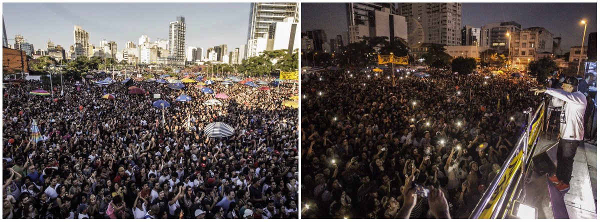 Milhares de manifestantes e artistas participaram neste domingo 4 de um grande ato pela saída de Michel Temer e em defesa de eleições diretas para a escolha do novo presidente da República; passaram pelo palco artistas como Criolo, Emicida, Pitty, Otto, Paulo Miclos, Péricles, Simoninha, Tulipa Ruiz e Maria Gadú, com encerramento de Mano Brown, além de lideranças como Guilherme Boulos e a presidente da UNE, Carina Vitral, e outras personalidades; para a economista Laura Carvalho, que também subiu para falar com a população, não basta tirar Temer e colocar outro Temer; "Não queremos esse Temer nem outro Temer. Mais igualdade a gente conquista com voto", disse; "O Brasil quer escolher seu presidente e, se possível, já", defendeu Chico César, o primeiro a cantar