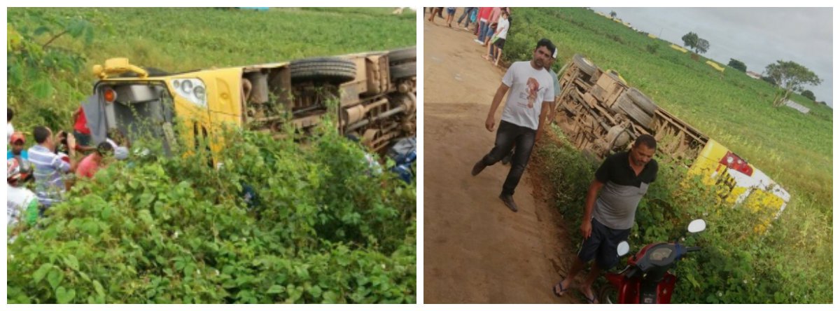 Um ônibus que transportava cerca de 70 estudantes da Escola Estadual Nossa Senhora da Conceição e da Escola Municipal Barros Paes tombou quando passava pela zona rural do município de Craíbas, Agreste de Alagoas; veículo estava com lotação acima da capacidade ; seis ambulâncias e mais duas motos do Samu foram acionadas para socorrer as vítimas, além de duas viaturas do Corpo de Bombeiros