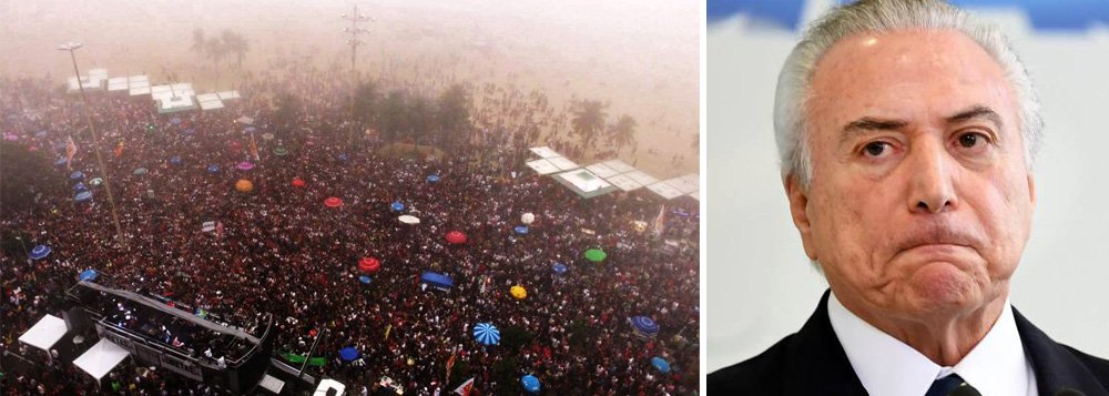 Ato que levou mais de 100 mil pessoas à praia de Copacabana, no Rio de Janeiro, neste domingo (28), para exigir a saída do presidente Michel Temer (PMDB), ganhou destaque na imprensa internacional; "O grito por novas eleições no Brasil toma a praia de Copacabana", destacou o jornal espanhol El País; rede britânica BBC classificou Temer como um "pato manco"(lame duck, no original), expressão usual que identifica presidente em final de mandato com poderes reduzidos, à espera de um sucessor; já o alemão Deutsche Welle, em sua página em inglês, anotou que artistas se uniram aos manifestantes, com destaque para o vencedor do Grammy Caetano Veloso, para pedir a saída de Michel Temer, que é rejeitado por 95% da população 