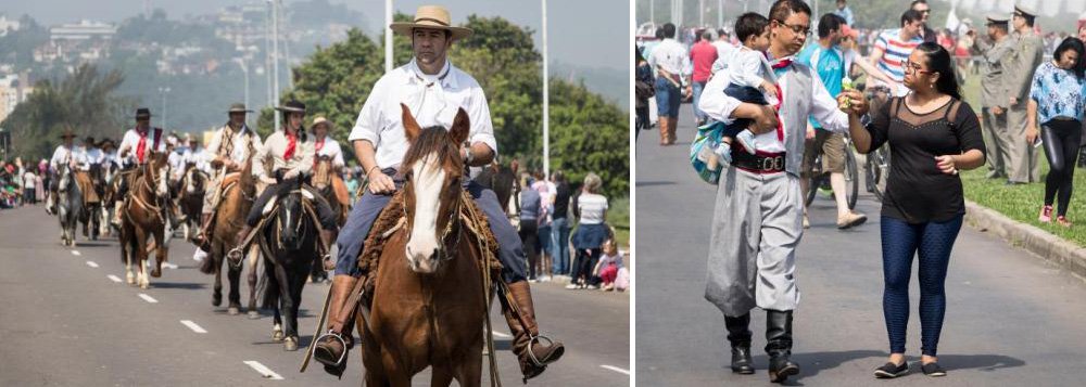 Milhares de pessoas acompanharam as comemorações do Desfile Farroupilha, que celebra as tradições e costumes da cultura gaúcha; nesta data, 20 de setembro, os gaúchos lembram a Revolução Farroupilha, guerra separatista contra o Brasil Império que começou em 1835 e durou dez anos; às margens do Rio Guaíba, parte significativa do público estava pilchada, ou seja, caracterizada com as roupas típicas da cultura gaúcha: os homens de camisa, lenço, bombacha e bota, e as mulheres com longos vestidos de prenda