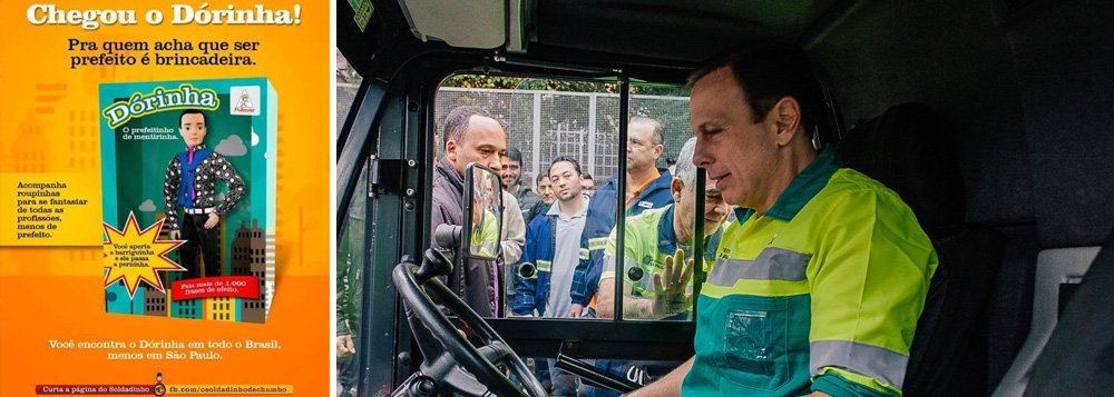"Boneco Dorinha pode ser encontrado em muitos lugares, menos em São Paulo", diz um dos slogans do produto, que ironiza as constantes viagens do prefeito de São Paulo, João Doria (PSDB), pelo Brasil enquanto a cidade segue com problemas e mal-administrada