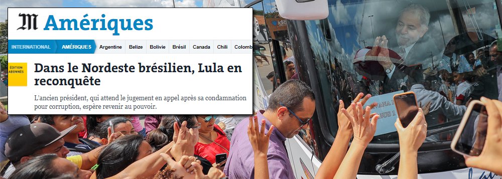 Artigo do jornal francês Le Monde desta segunda-feira (21) dedica quase uma página inteira à caravana do ex-presidente e provável candidato à presidência em 2018, Luiz Inácio Lula da Silva, pelo Nordeste do Brasil; texto da correspondente Claire Gatinois destaca a sua acolhida efusiva nas cidades baianas em que esteve - diz que "ele foi recebido como um deus"; Gatinois descreve como Lula ainda "tenta reacender a batalha entre o povo e as elites", que, no discurso do ex-presidente, encarnam o inimigo